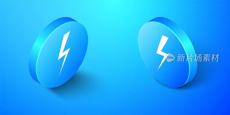 Isometric Lightning bolt icon isolated on blue background. Flash icon. Charge flash icon. Thunder bolt. Lighting strike. Blue circle button. Vector